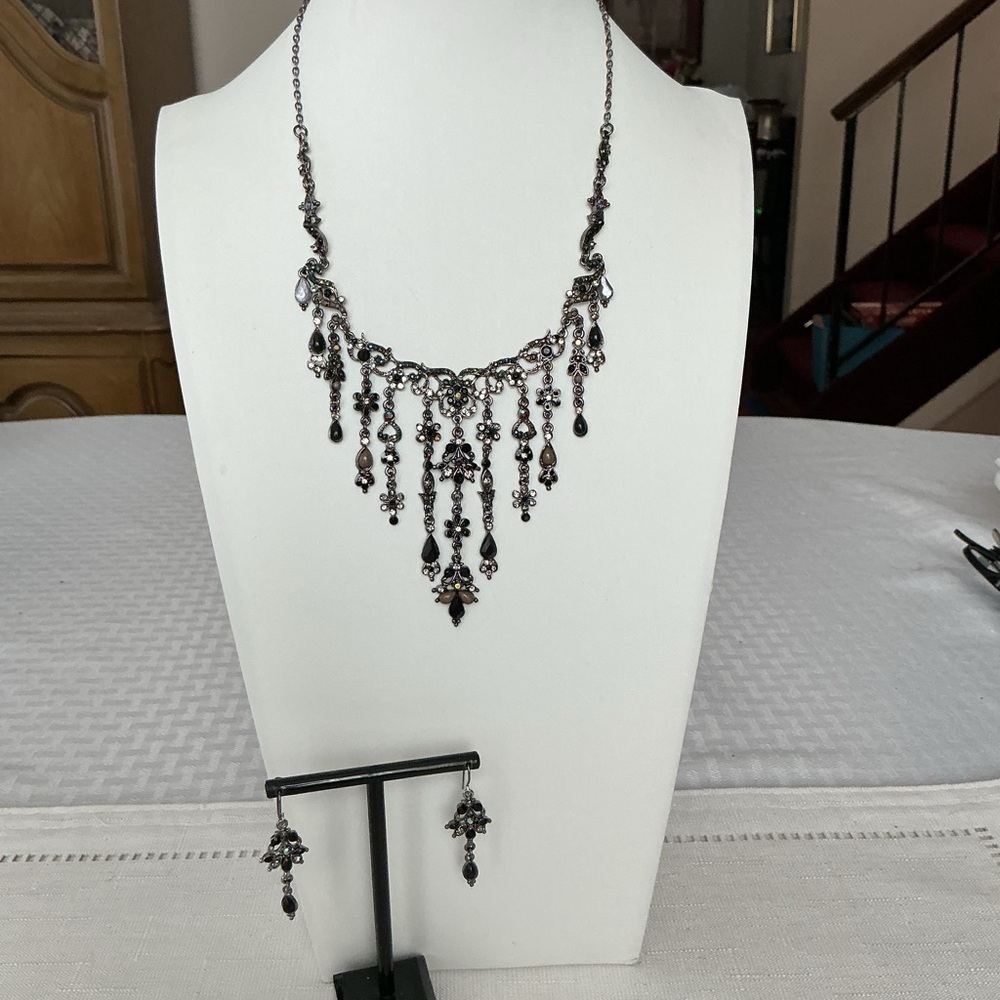 Erica Lyons Vintage Gothic Revival Fringe Bib Gunmetal Necklace